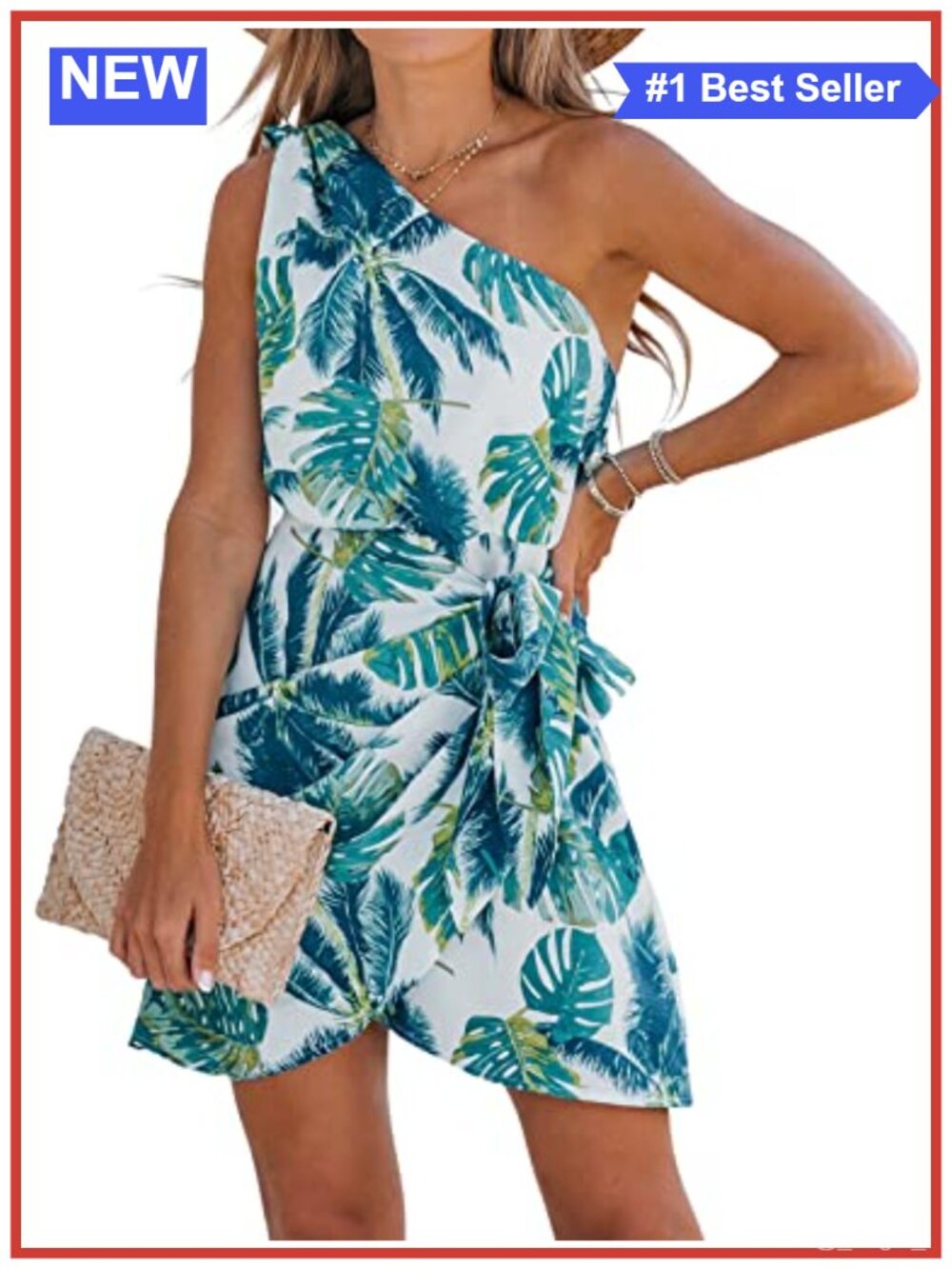 Women's Tropical Leaf Floral Print One Shoulder Wrap Mini Dress Polyester
